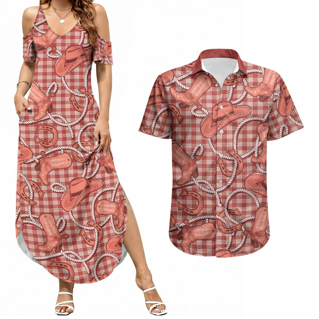 Red Hawaii Palaka Cowboy Couples Matching Summer Maxi Dress and Hawaiian Shirt Hawaiian Paniolo Festival Spirit