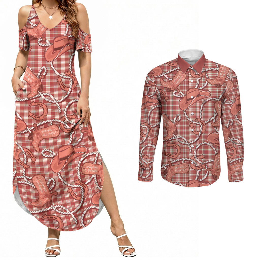 Red Hawaii Palaka Cowboy Couples Matching Summer Maxi Dress and Long Sleeve Button Shirt Hawaiian Paniolo Festival Spirit