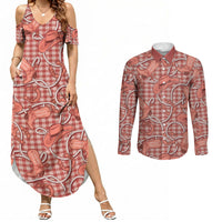 Red Hawaii Palaka Cowboy Couples Matching Summer Maxi Dress and Long Sleeve Button Shirt Hawaiian Paniolo Festival Spirit