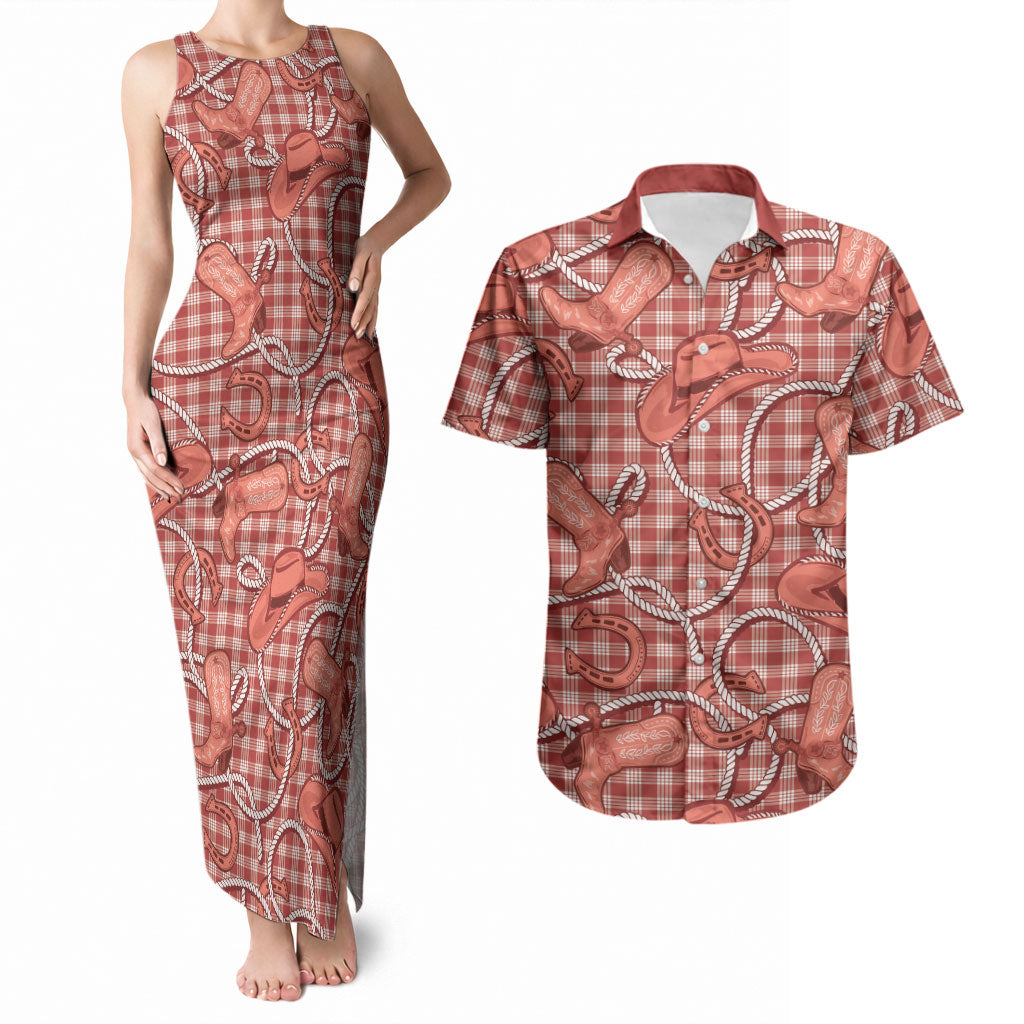 Red Hawaii Palaka Cowboy Couples Matching Tank Maxi Dress and Hawaiian Shirt Hawaiian Paniolo Festival Spirit