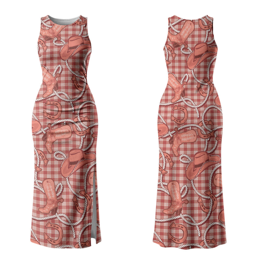 Red Hawaii Palaka Cowboy Couples Matching Tank Maxi Dress and Long Sleeve Button Shirt Hawaiian Paniolo Festival Spirit