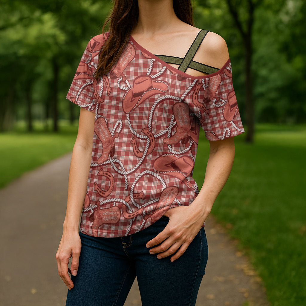 Red Hawaii Palaka Cowboy Cross Shoulder Shirt Hawaiian Paniolo Festival Spirit