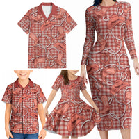 Red Hawaii Palaka Cowboy Family Matching Long Sleeve Bodycon Dress and Hawaiian Shirt Hawaiian Paniolo Festival Spirit
