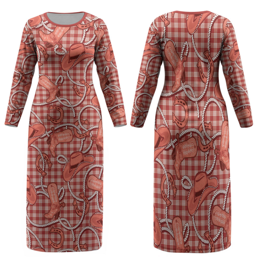 Red Hawaii Palaka Cowboy Family Matching Long Sleeve Bodycon Dress and Hawaiian Shirt Hawaiian Paniolo Festival Spirit