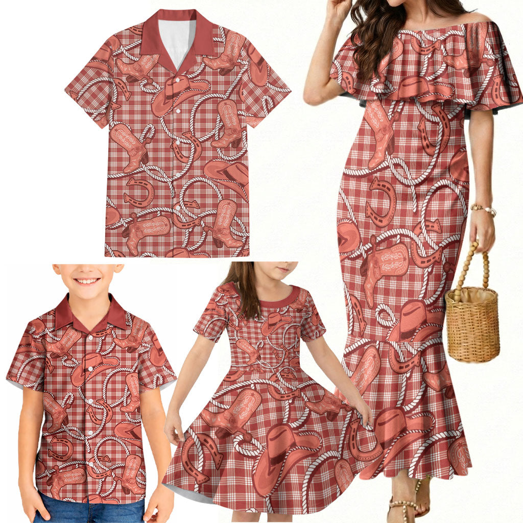 Red Hawaii Palaka Cowboy Family Matching Mermaid Dress and Hawaiian Shirt Hawaiian Paniolo Festival Spirit