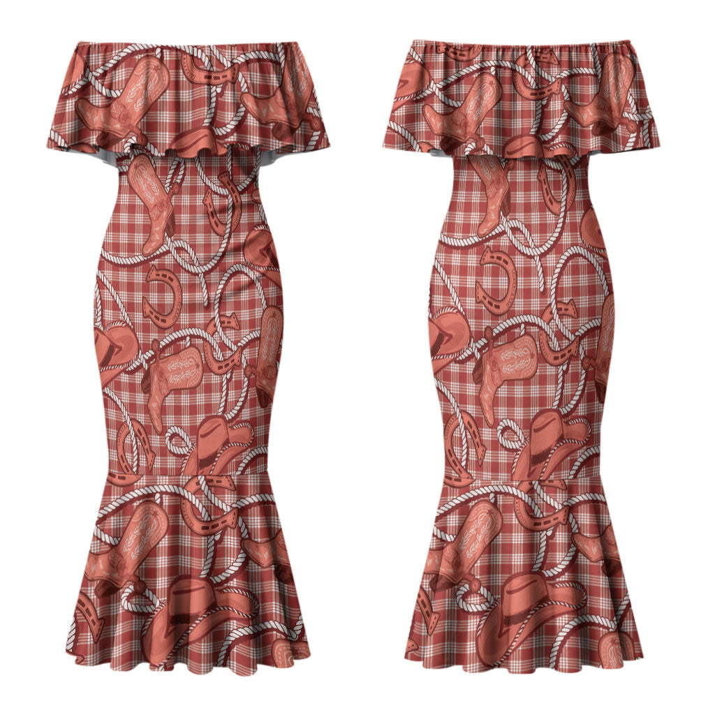 Red Hawaii Palaka Cowboy Family Matching Mermaid Dress and Hawaiian Shirt Hawaiian Paniolo Festival Spirit