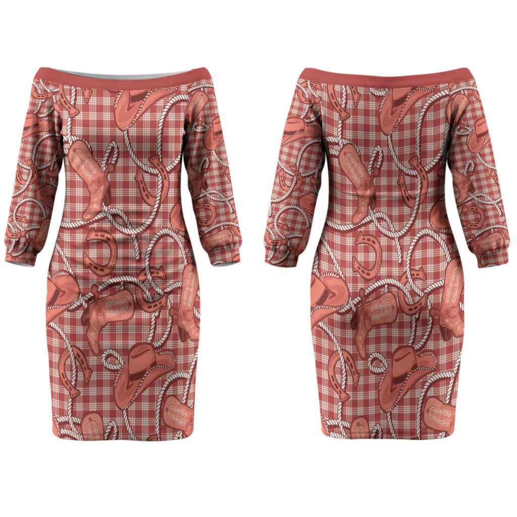 Red Hawaii Palaka Cowboy Family Matching Off The Shoulder Long Sleeve Dress and Hawaiian Shirt Hawaiian Paniolo Festival Spirit
