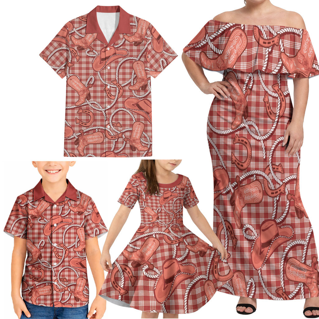 Red Hawaii Palaka Cowboy Family Matching Off Shoulder Maxi Dress and Hawaiian Shirt Hawaiian Paniolo Festival Spirit