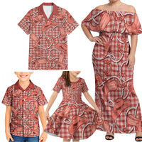 Red Hawaii Palaka Cowboy Family Matching Off Shoulder Maxi Dress and Hawaiian Shirt Hawaiian Paniolo Festival Spirit