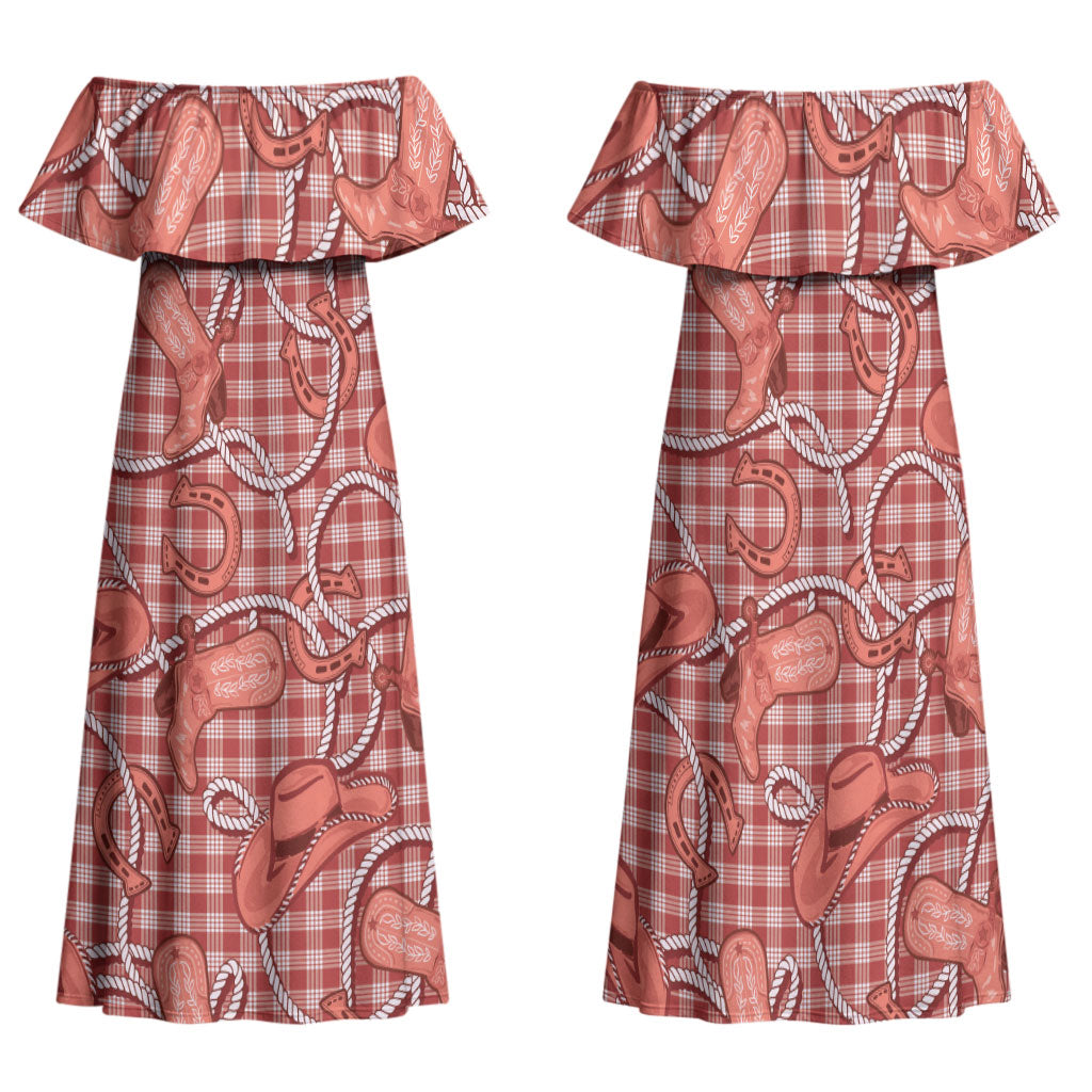 Red Hawaii Palaka Cowboy Family Matching Off Shoulder Maxi Dress and Hawaiian Shirt Hawaiian Paniolo Festival Spirit