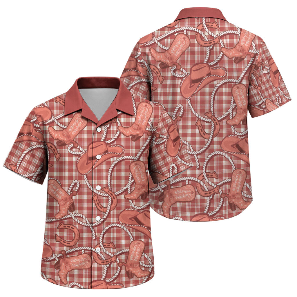Red Hawaii Palaka Cowboy Family Matching Off Shoulder Maxi Dress and Hawaiian Shirt Hawaiian Paniolo Festival Spirit