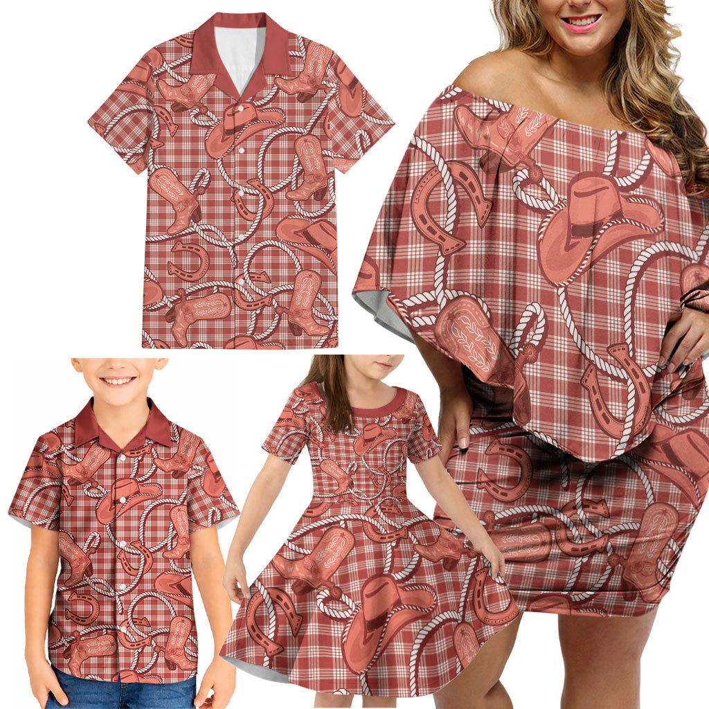 Red Hawaii Palaka Cowboy Family Matching Off Shoulder Short Dress and Hawaiian Shirt Hawaiian Paniolo Festival Spirit