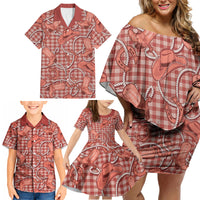 Red Hawaii Palaka Cowboy Family Matching Off Shoulder Short Dress and Hawaiian Shirt Hawaiian Paniolo Festival Spirit