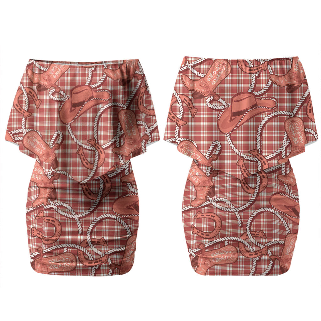 Red Hawaii Palaka Cowboy Family Matching Off Shoulder Short Dress and Hawaiian Shirt Hawaiian Paniolo Festival Spirit