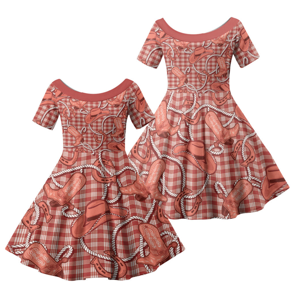 Red Hawaii Palaka Cowboy Family Matching Off Shoulder Short Dress and Hawaiian Shirt Hawaiian Paniolo Festival Spirit