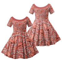 Red Hawaii Palaka Cowboy Family Matching Off Shoulder Short Dress and Hawaiian Shirt Hawaiian Paniolo Festival Spirit