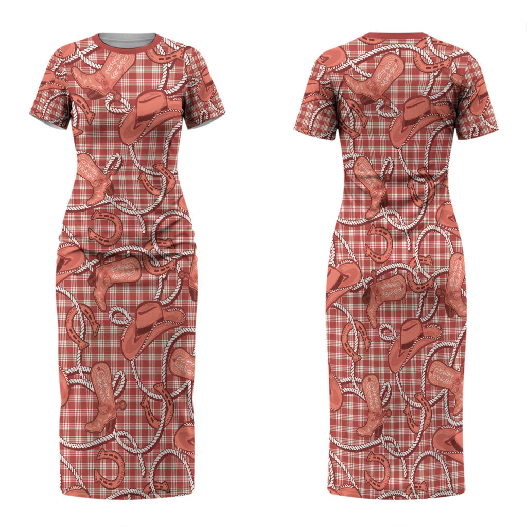 Red Hawaii Palaka Cowboy Family Matching Short Sleeve Bodycon Dress and Hawaiian Shirt Hawaiian Paniolo Festival Spirit
