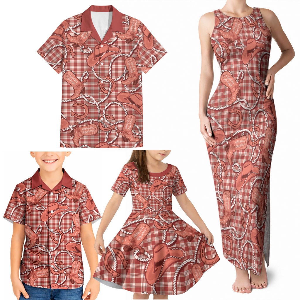 Red Hawaii Palaka Cowboy Family Matching Tank Maxi Dress and Hawaiian Shirt Hawaiian Paniolo Festival Spirit