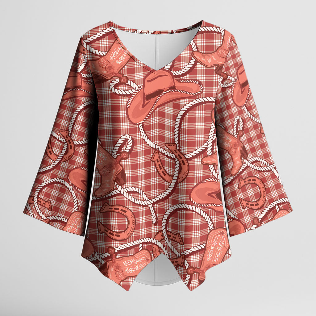 Red Hawaii Palaka Cowboy Kimono Sleeve Blouse Hawaiian Paniolo Festival Spirit