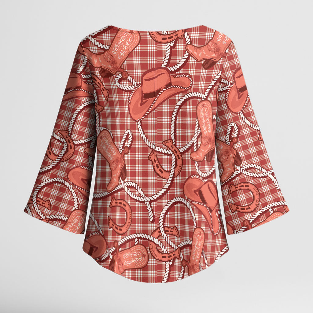 Red Hawaii Palaka Cowboy Kimono Sleeve Blouse Hawaiian Paniolo Festival Spirit