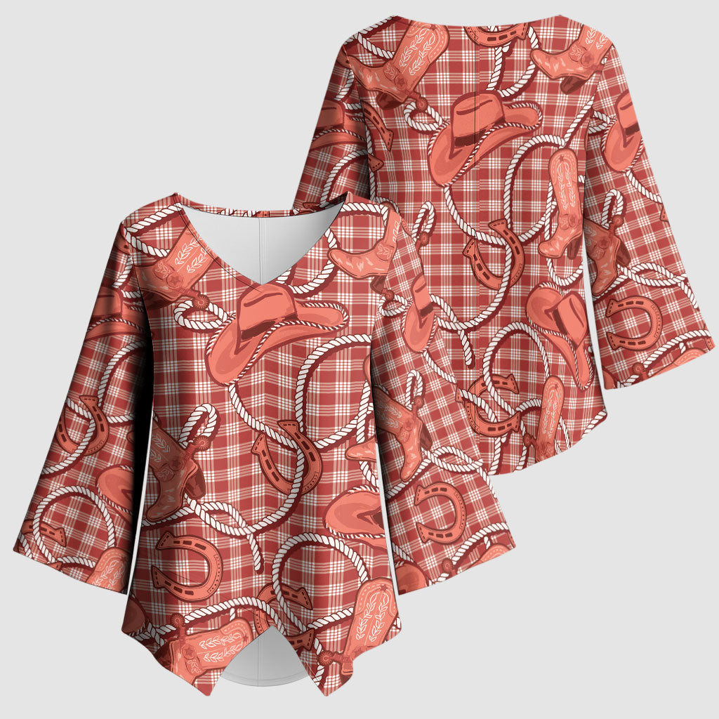 Red Hawaii Palaka Cowboy Kimono Sleeve Blouse Hawaiian Paniolo Festival Spirit