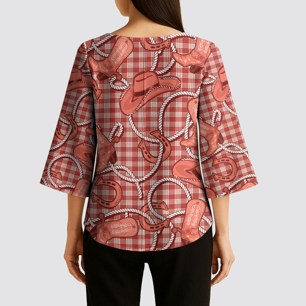 Red Hawaii Palaka Cowboy Kimono Sleeve Blouse Hawaiian Paniolo Festival Spirit