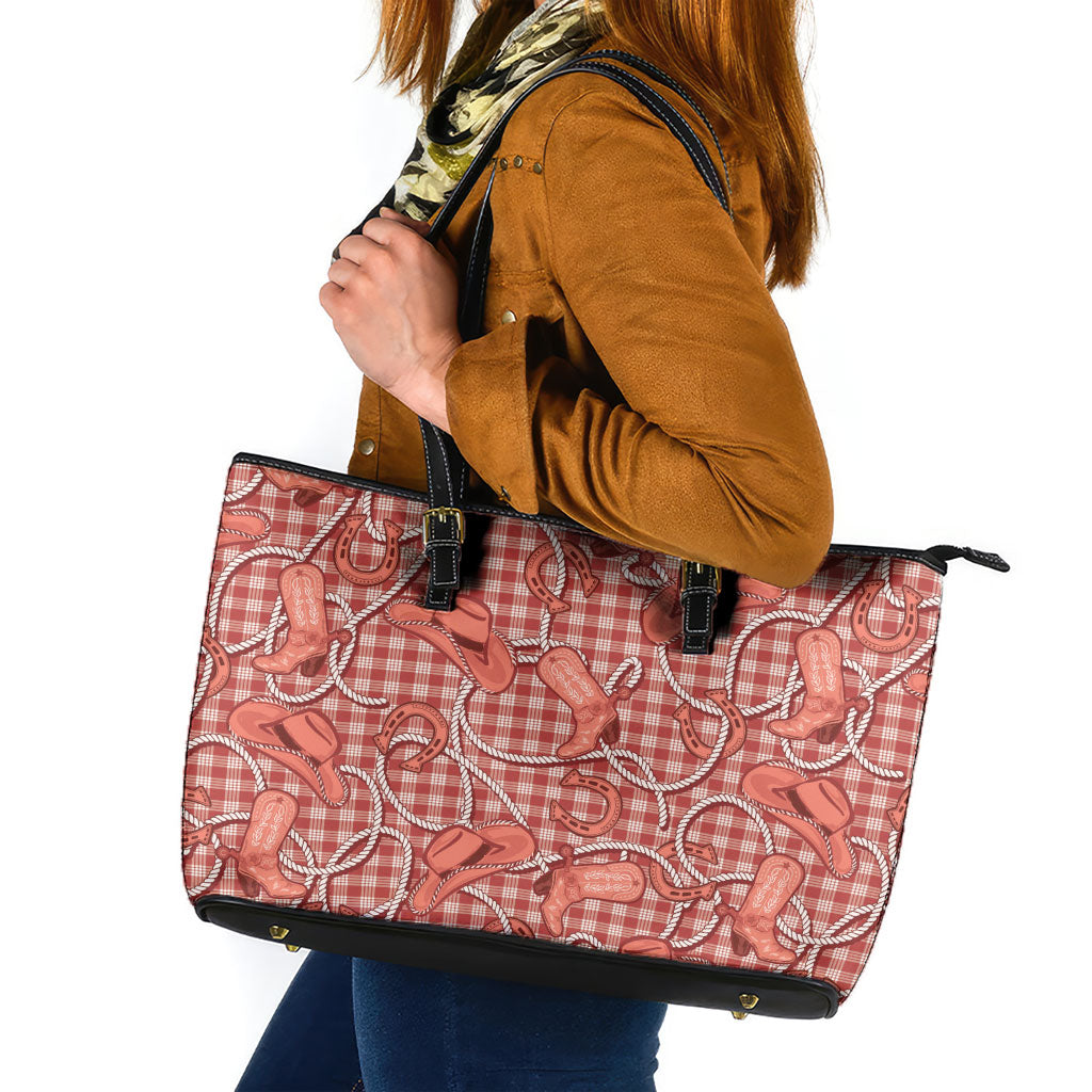 Red Hawaii Palaka Cowboy Leather Tote Bag Hawaiian Paniolo Festival Spirit LT19 Red - Polynesian Pride