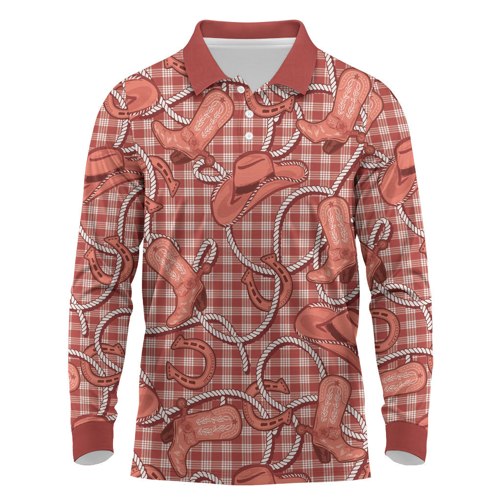 Red Hawaii Palaka Cowboy Long Sleeve Polo Shirt Hawaiian Paniolo Festival Spirit