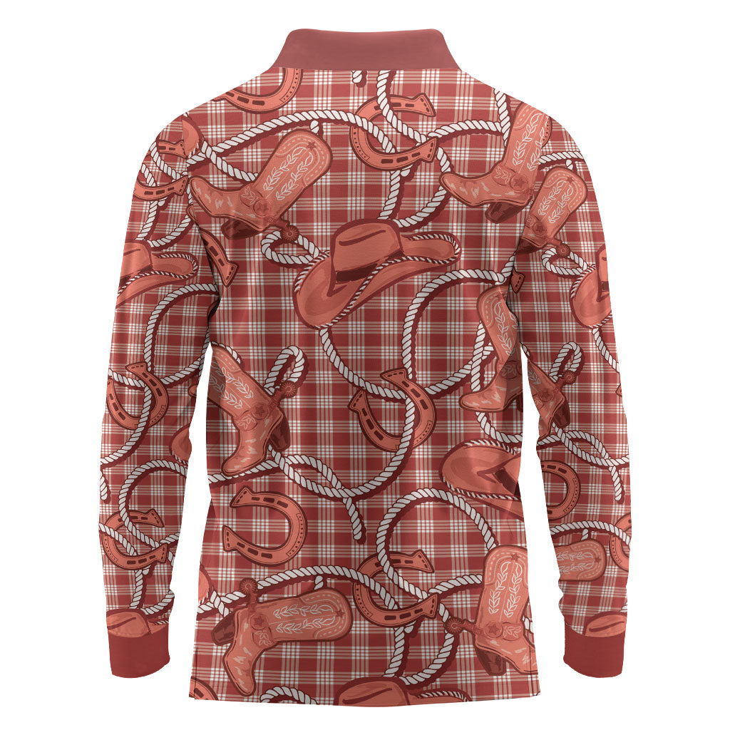 Red Hawaii Palaka Cowboy Long Sleeve Polo Shirt Hawaiian Paniolo Festival Spirit