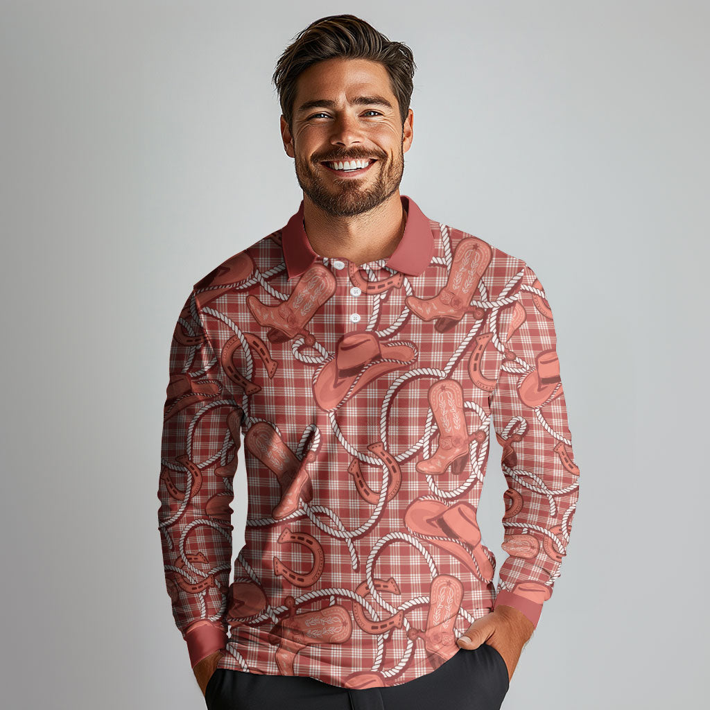 Red Hawaii Palaka Cowboy Long Sleeve Polo Shirt Hawaiian Paniolo Festival Spirit