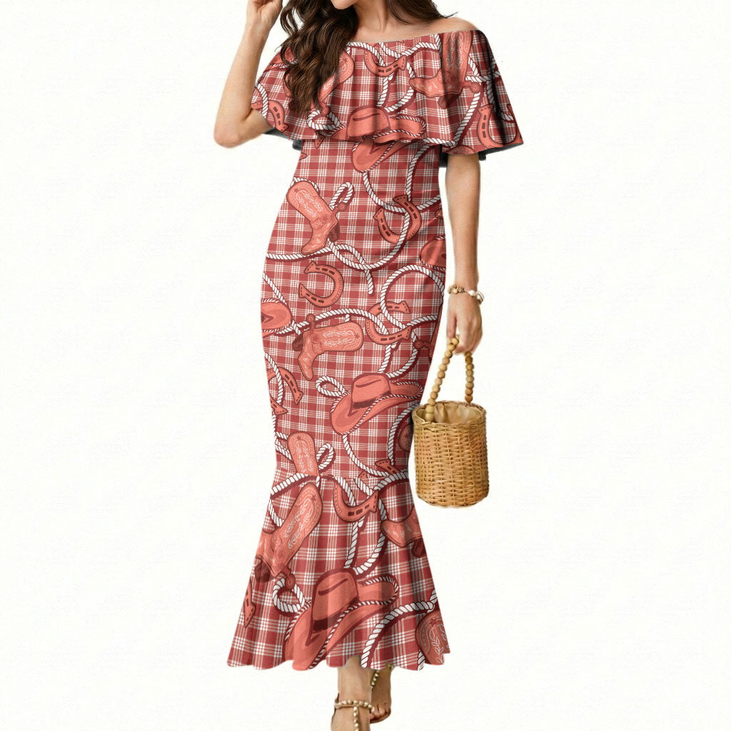 Red Hawaii Palaka Cowboy Mermaid Dress Hawaiian Paniolo Festival Spirit
