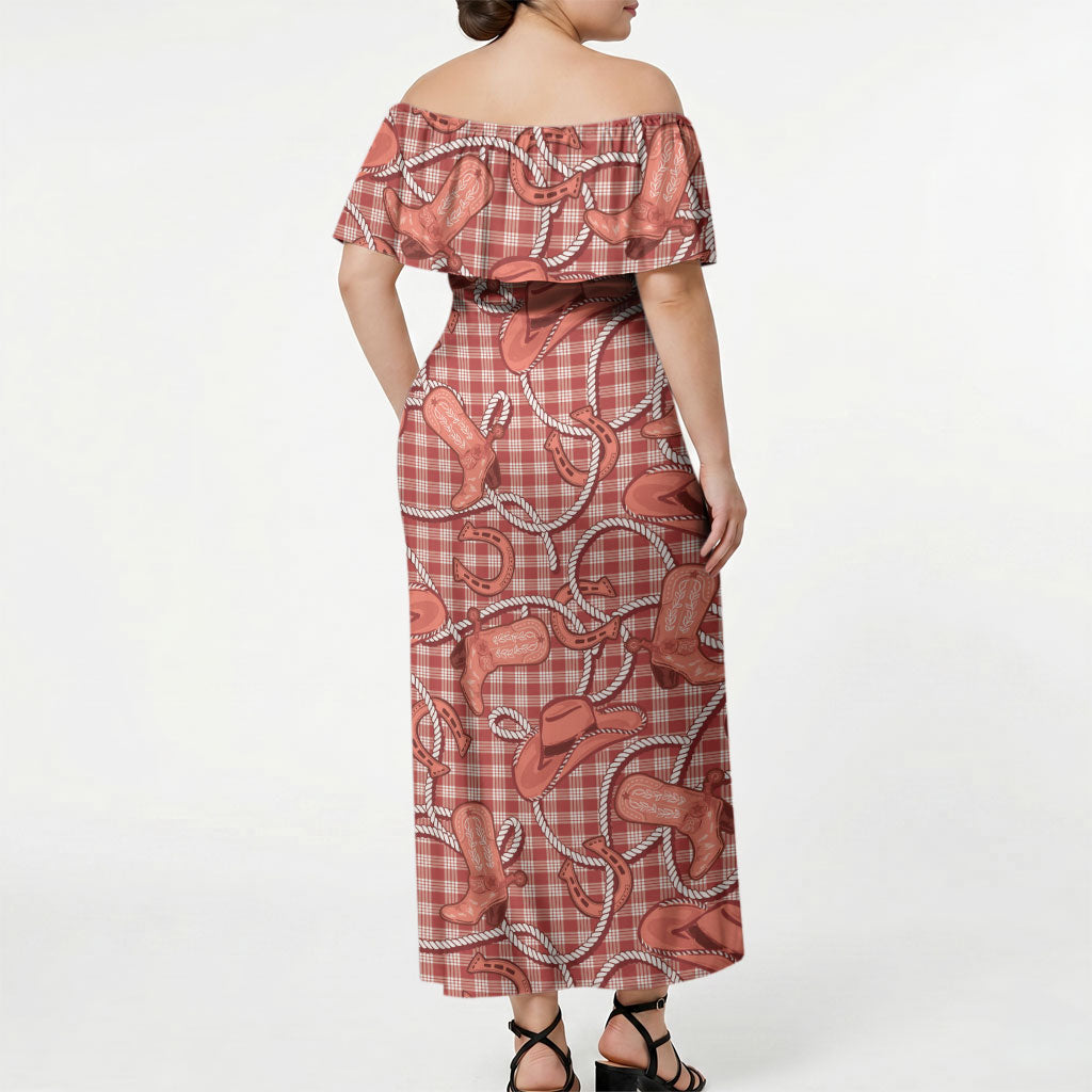Red Hawaii Palaka Cowboy Off Shoulder Maxi Dress Hawaiian Paniolo Festival Spirit