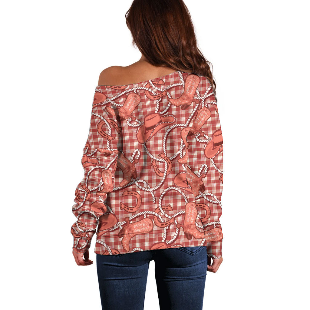 Red Hawaii Palaka Cowboy Off Shoulder Sweater Hawaiian Paniolo Festival Spirit