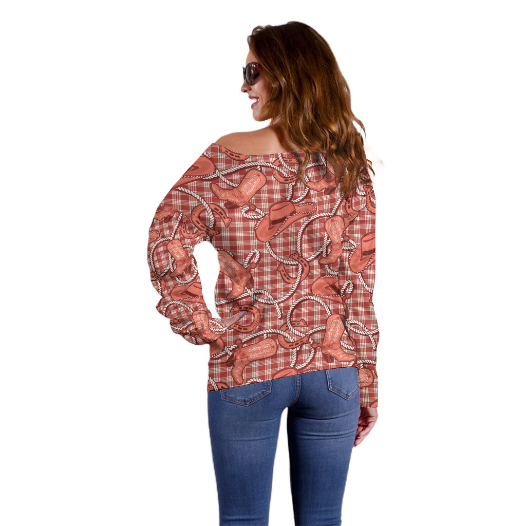 Red Hawaii Palaka Cowboy Off Shoulder Sweater Hawaiian Paniolo Festival Spirit