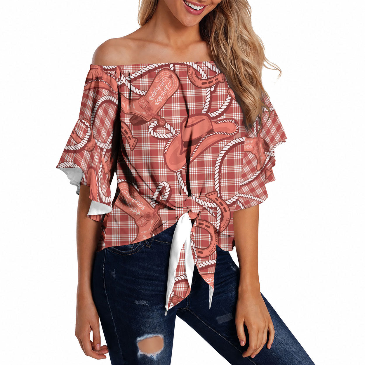 Red Hawaii Palaka Cowboy Off Shoulder Wrap Waist Top Hawaiian Paniolo Festival Spirit LT19 Red - Polynesian Pride