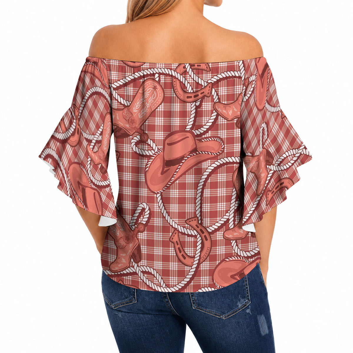 Red Hawaii Palaka Cowboy Off Shoulder Wrap Waist Top Hawaiian Paniolo Festival Spirit