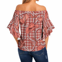 Red Hawaii Palaka Cowboy Off Shoulder Wrap Waist Top Hawaiian Paniolo Festival Spirit