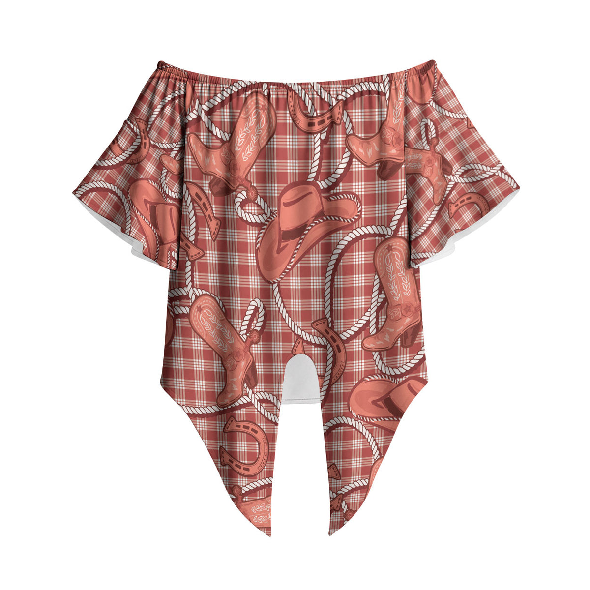 Red Hawaii Palaka Cowboy Off Shoulder Wrap Waist Top Hawaiian Paniolo Festival Spirit