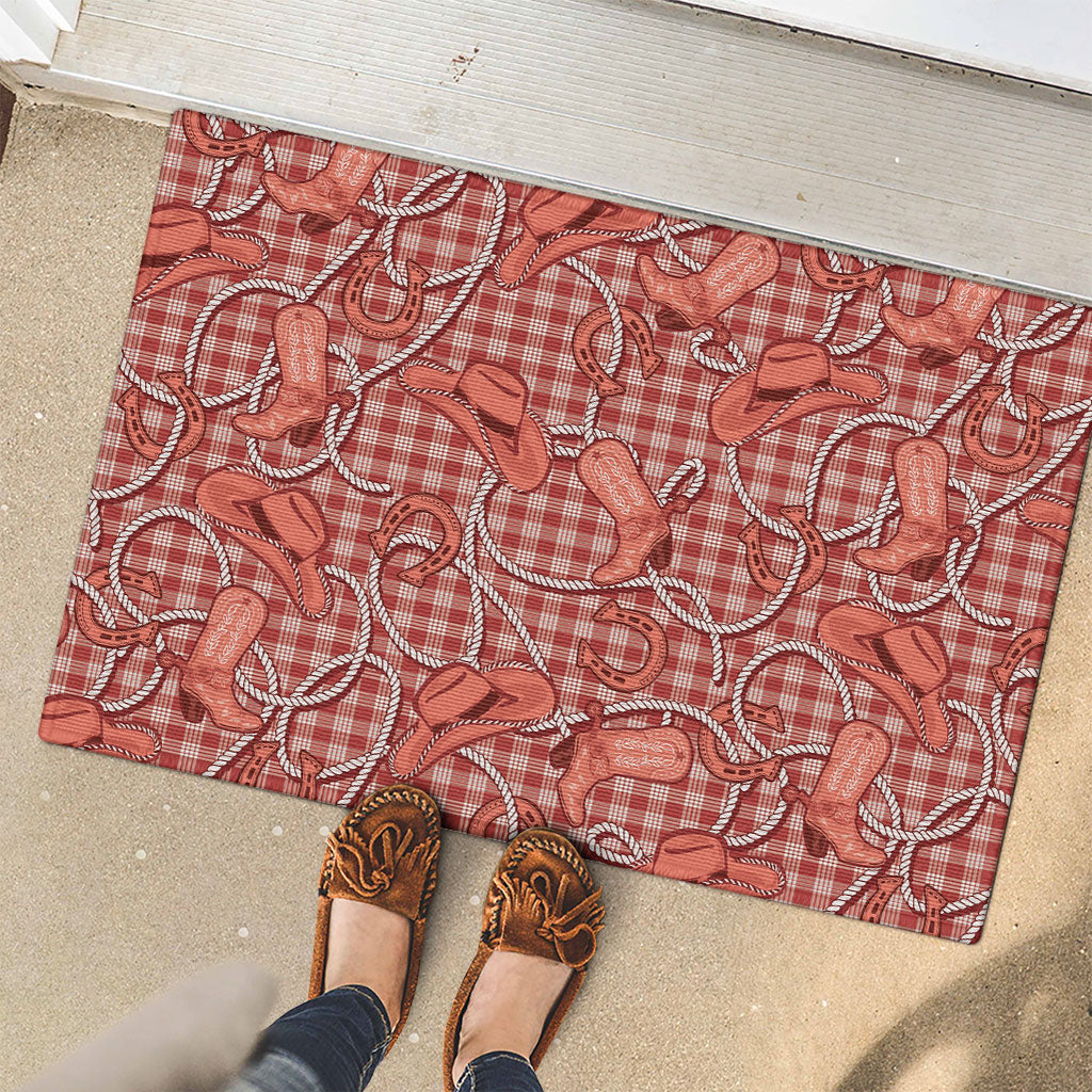 Red Hawaii Palaka Cowboy Rubber Doormat Hawaiian Paniolo Festival Spirit