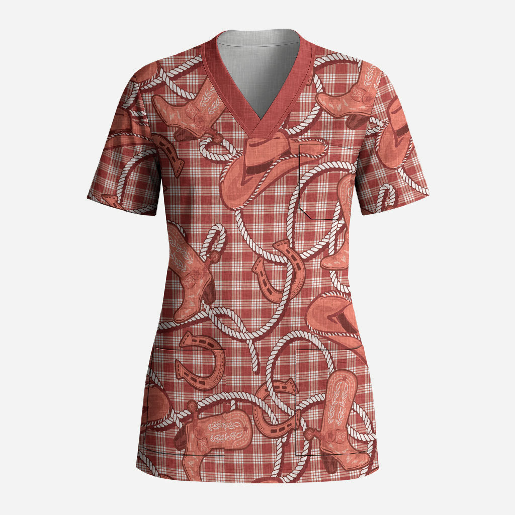 Red Hawaii Palaka Cowboy Scrub Top Hawaiian Paniolo Festival Spirit