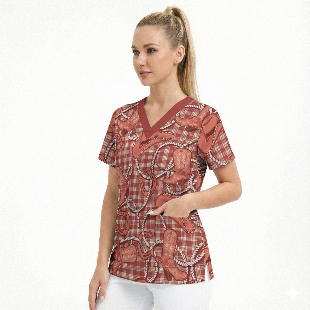 Red Hawaii Palaka Cowboy Scrub Top Hawaiian Paniolo Festival Spirit