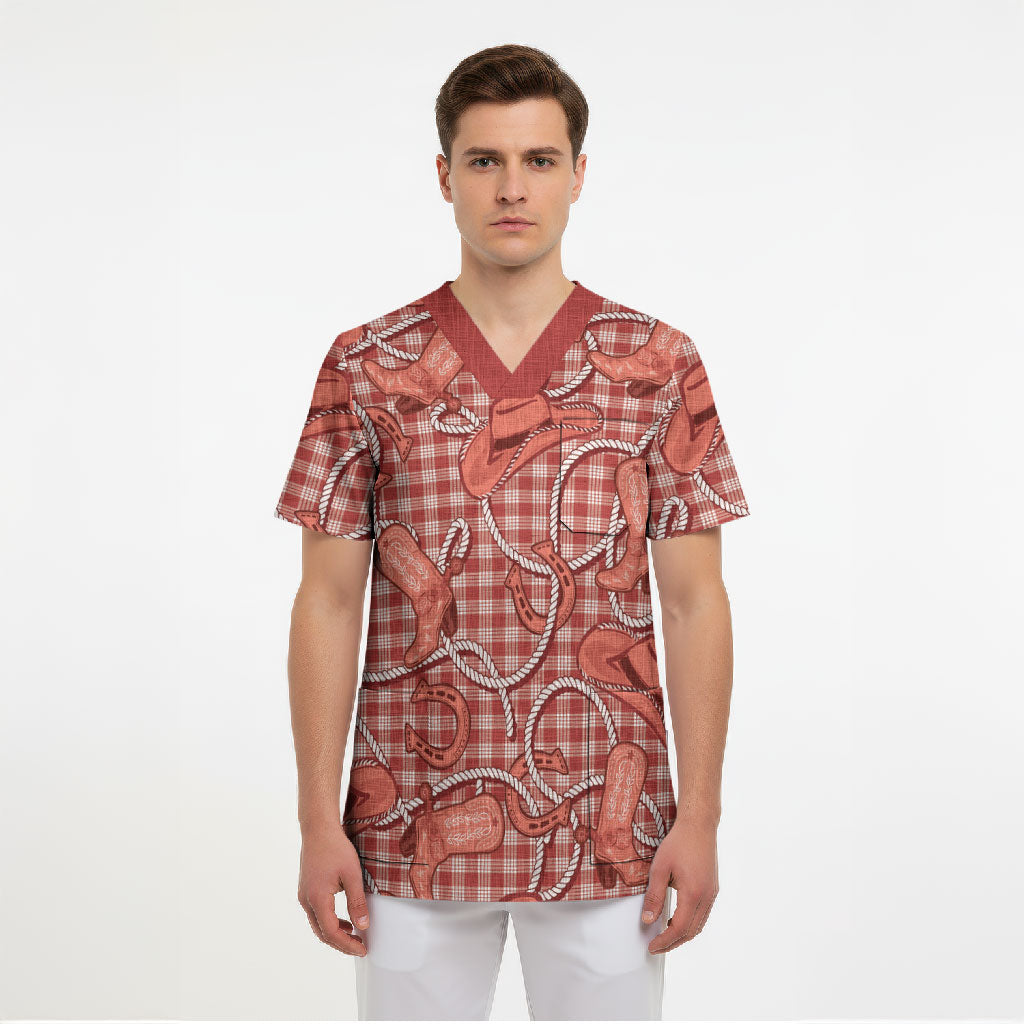 Red Hawaii Palaka Cowboy Scrub Top Hawaiian Paniolo Festival Spirit