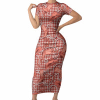 Red Hawaii Palaka Cowboy Short Sleeve Bodycon Dress Hawaiian Paniolo Festival Spirit