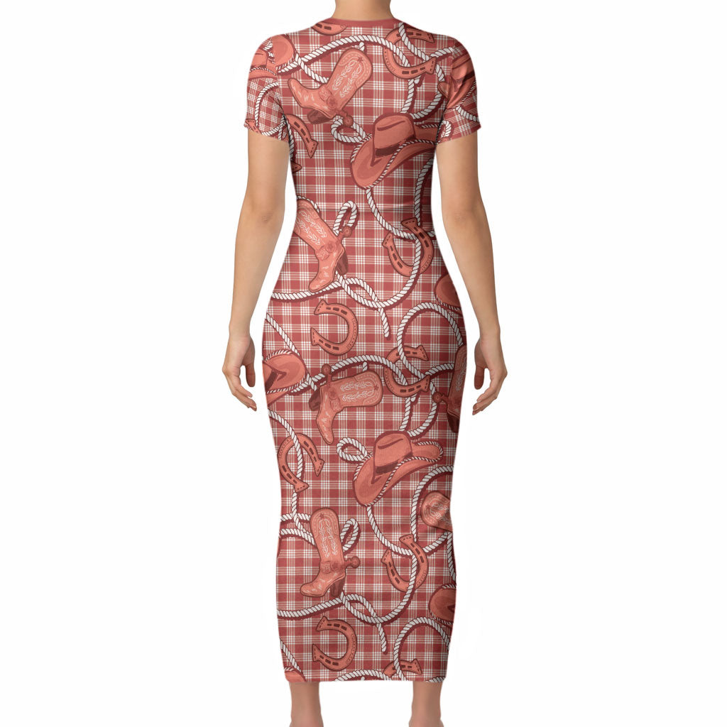 Red Hawaii Palaka Cowboy Short Sleeve Bodycon Dress Hawaiian Paniolo Festival Spirit