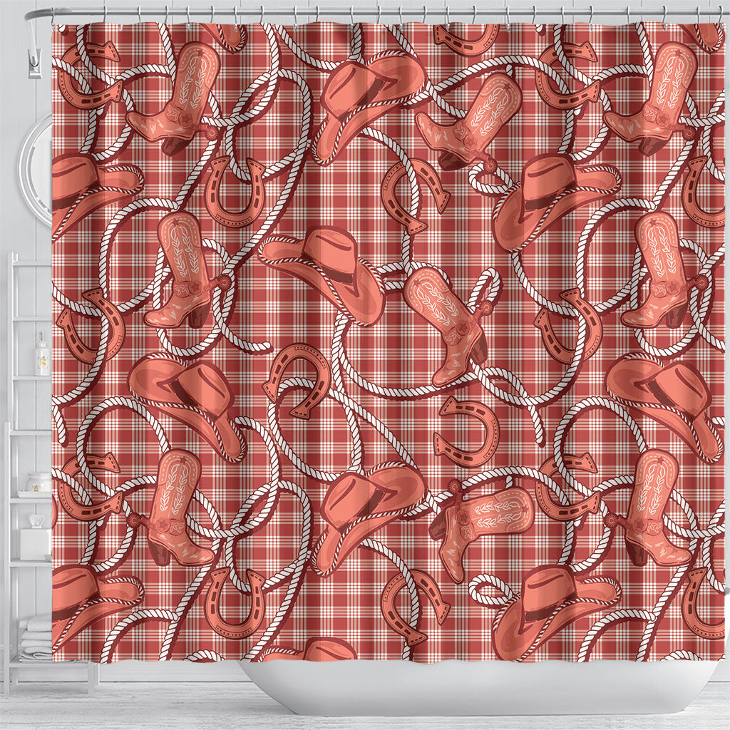 Red Hawaii Palaka Cowboy Shower Curtain Hawaiian Paniolo Festival Spirit