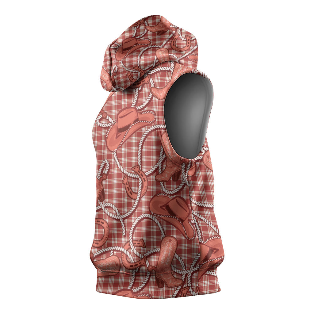 Red Hawaii Palaka Cowboy Sleeveless Hoodie Hawaiian Paniolo Festival Spirit