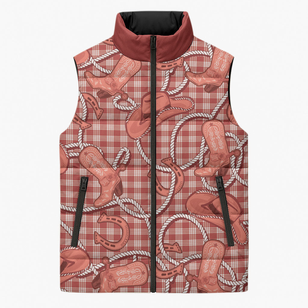 Red Hawaii Palaka Cowboy Sleeveless Puffer Jacket Hawaiian Paniolo Festival Spirit