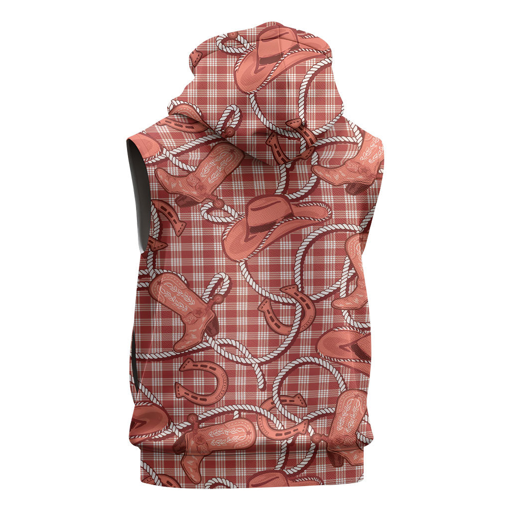 Red Hawaii Palaka Cowboy Sleeveless Zip Hoodie Hawaiian Paniolo Festival Spirit
