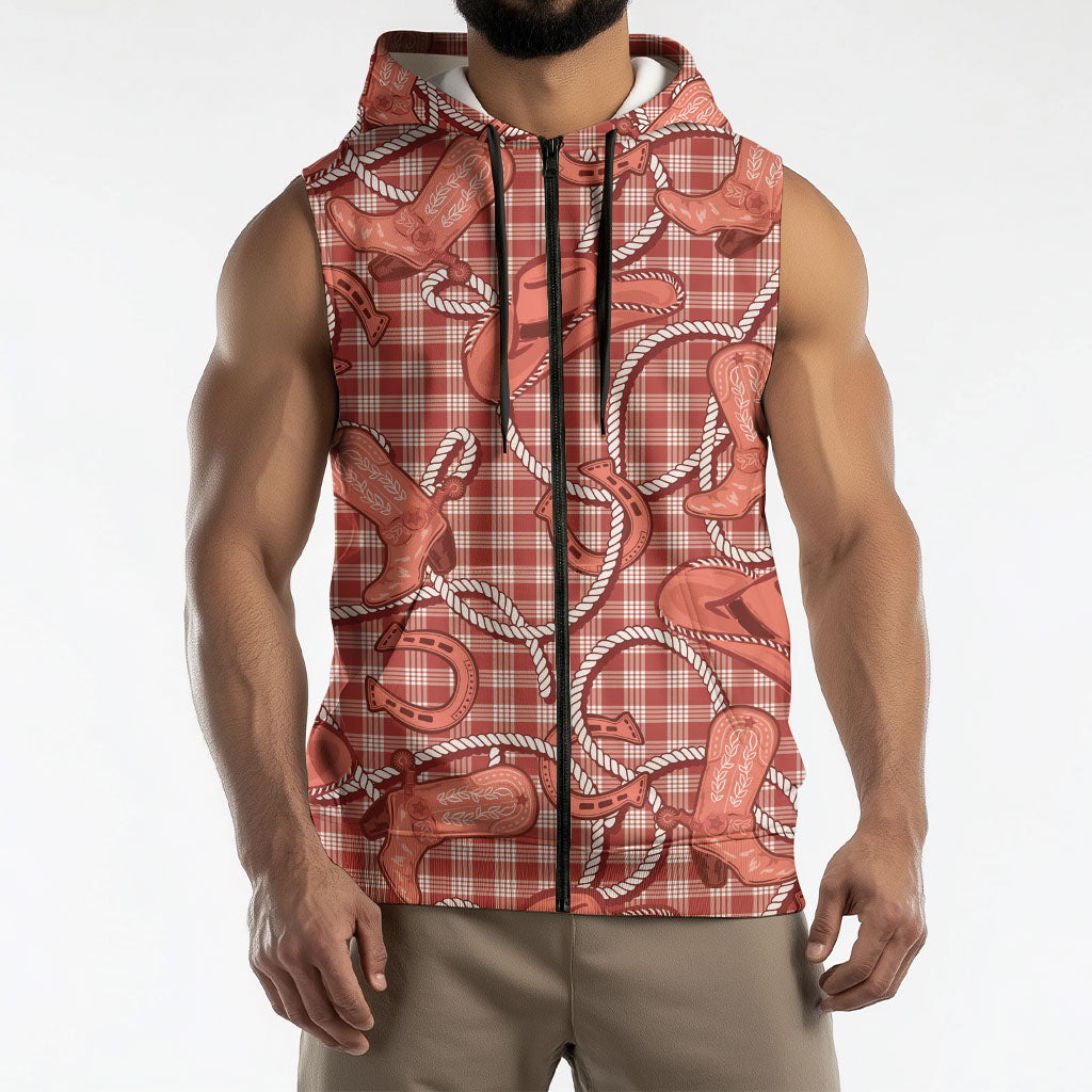 Red Hawaii Palaka Cowboy Sleeveless Zip Hoodie Hawaiian Paniolo Festival Spirit