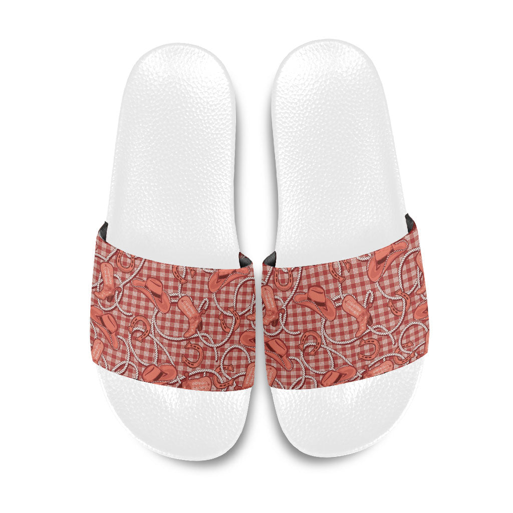 Red Hawaii Palaka Cowboy Slide Sandals Hawaiian Paniolo Festival Spirit